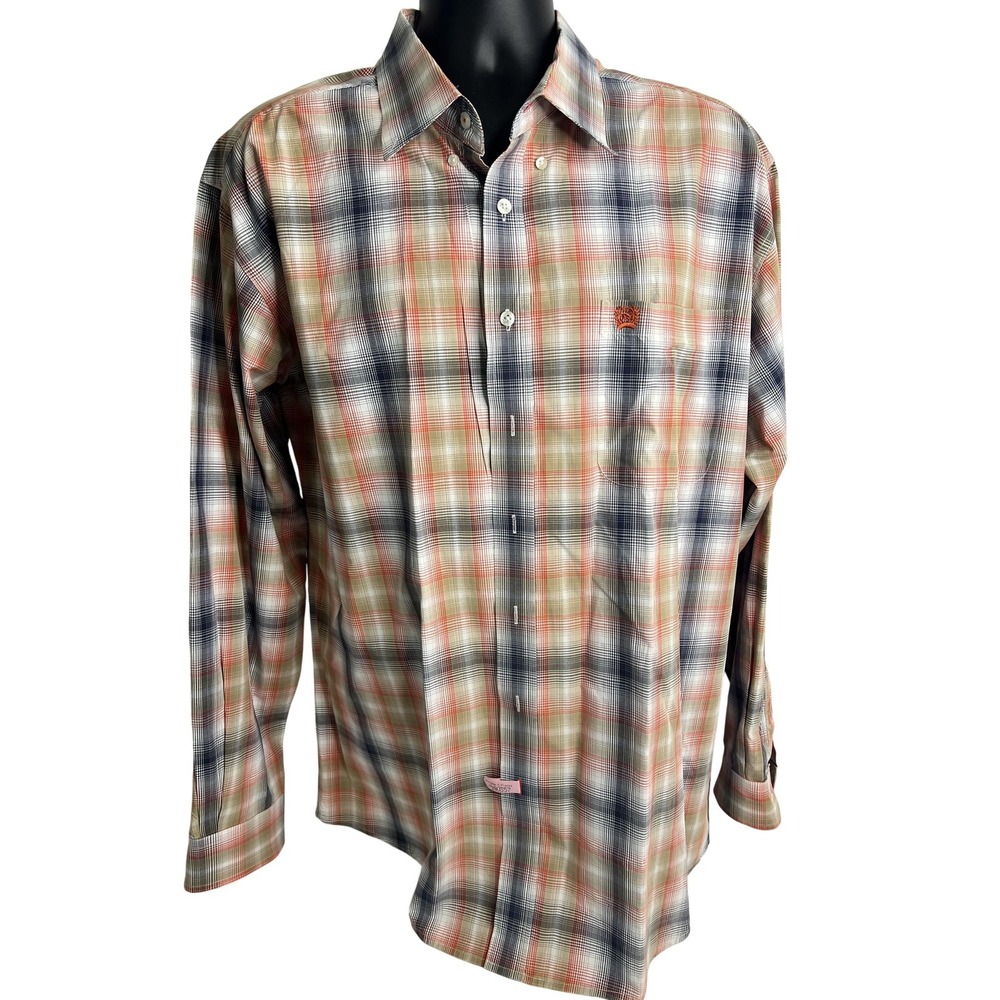 Cinch Shirt Mens XL Plaid Long Sleeve Western Pearl Snap Orange Green Rodeo